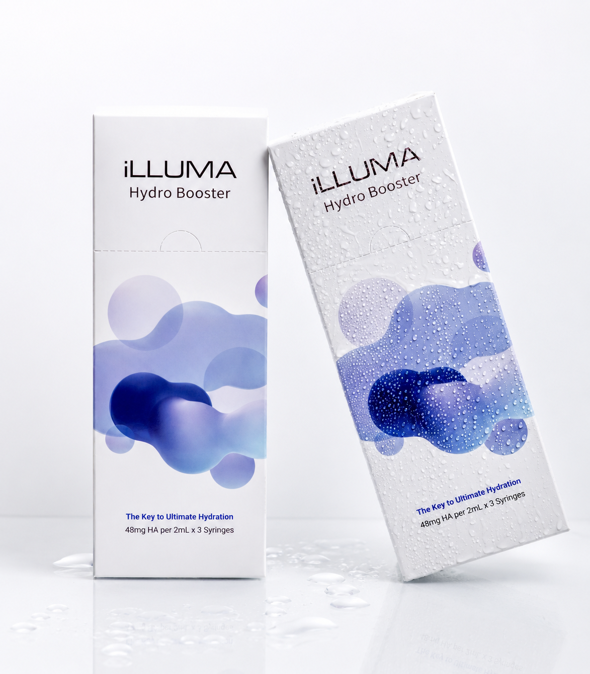 illuma-hydro-booster-skin-booster-product-photo iLLUMA Hydro Booster skin booster product boxes with water droplets on a clean white luxury background