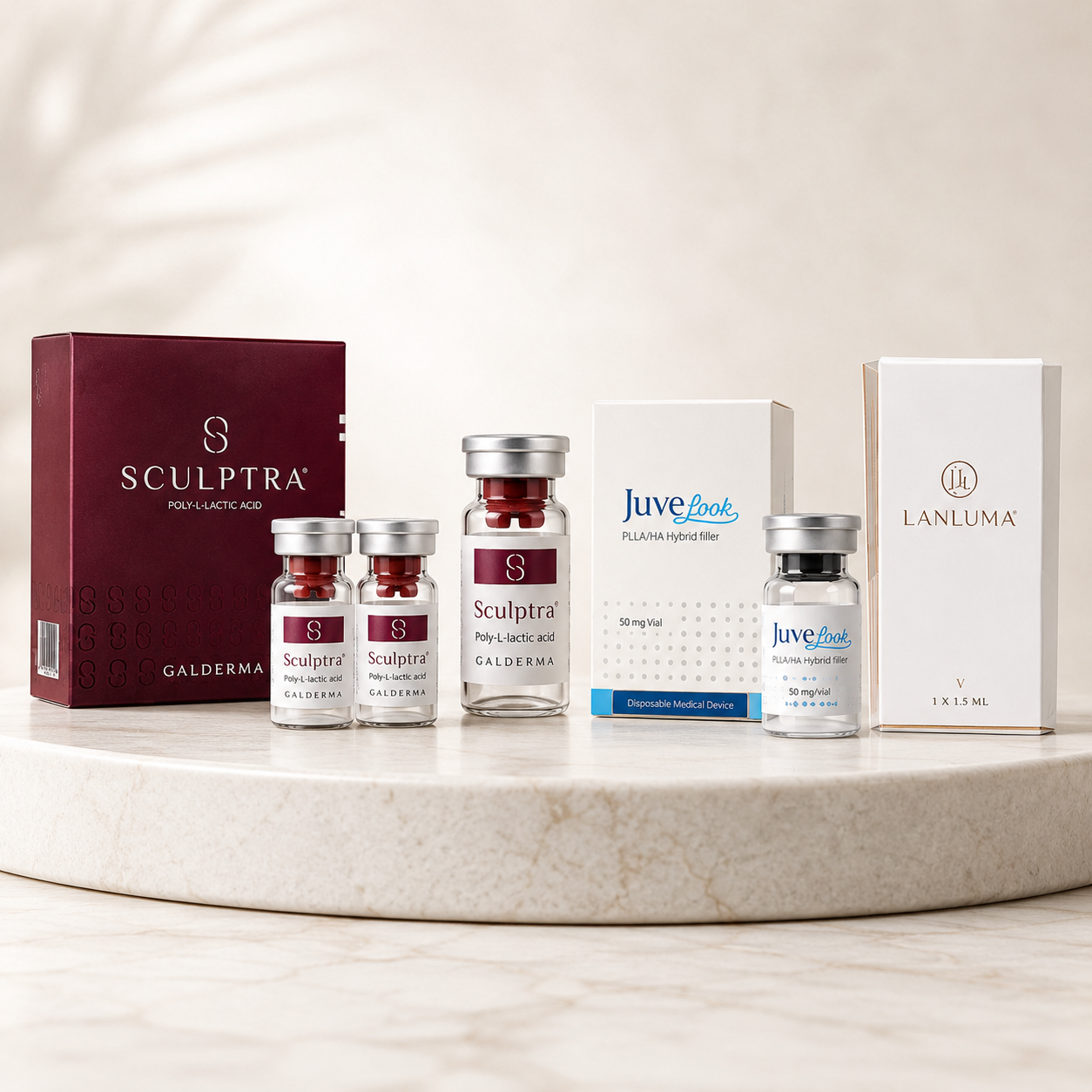 Biostimulators category thumbnail showing Sculptra, Juvelook and Lanluma aesthetic products on a marble table