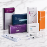 Dermal fillers category thumbnail showing Juvederm, Restylane, Teosyal, Belotero and Revolax aesthetic filler products on a marble table