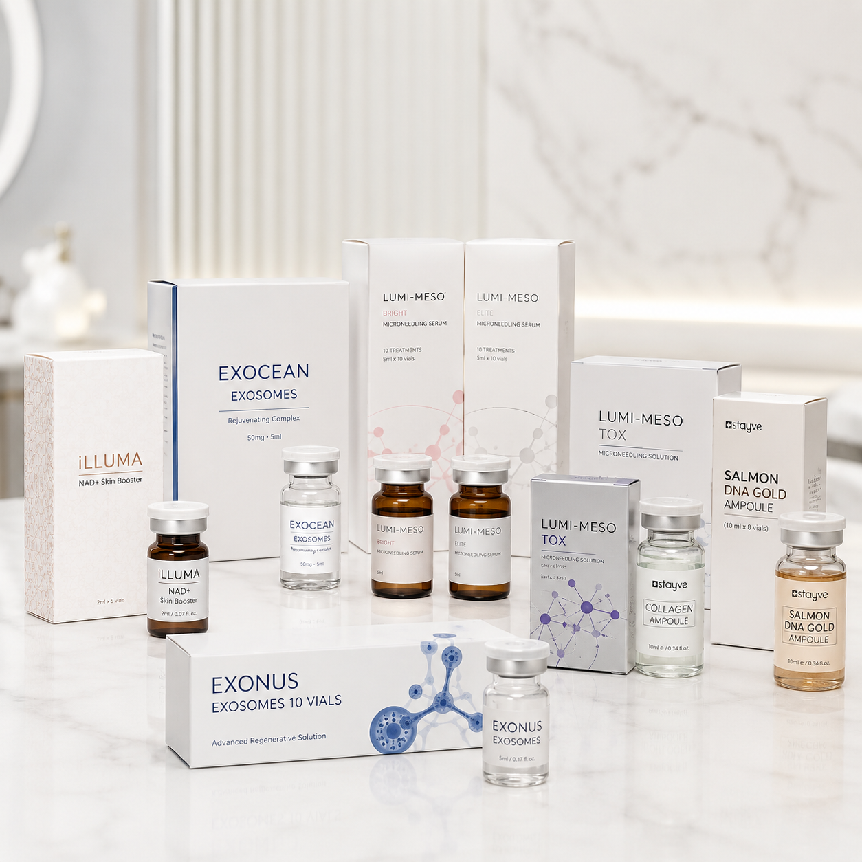 Microneedling category thumbnail showing iLLUMA, EXOCEAN, LUMI-MESO and Stayve ampoule products on a marble table