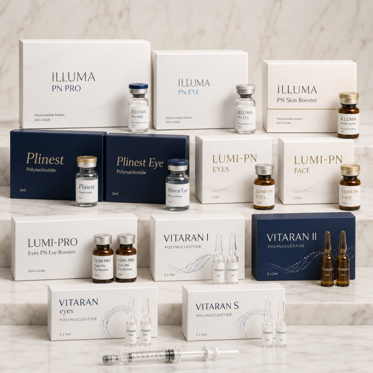 Polynucleotides category thumbnail showing iLLUMA PN, Plinest, LUMI-PN and Vitaran aesthetic products on a marble display
