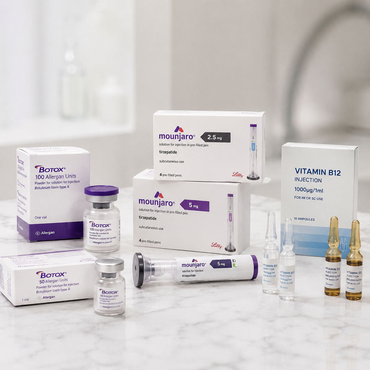 POM products category thumbnail showing Botox, Mounjaro and vitamin injection products on a marble table