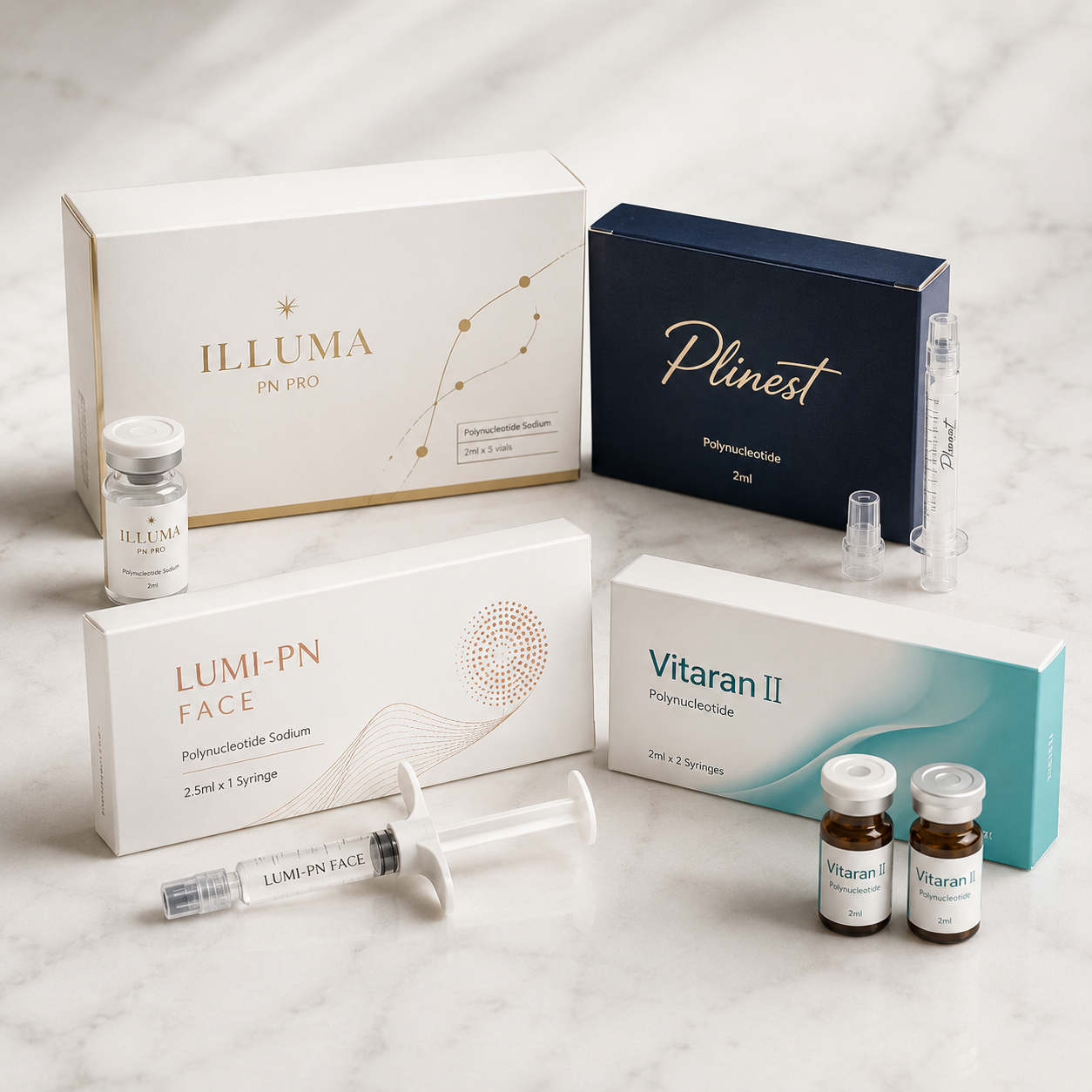 Skin boosters category thumbnail showing iLLUMA PN Pro, Plinest, LUMI-PN Face and Vitaran aesthetic products on a marble table