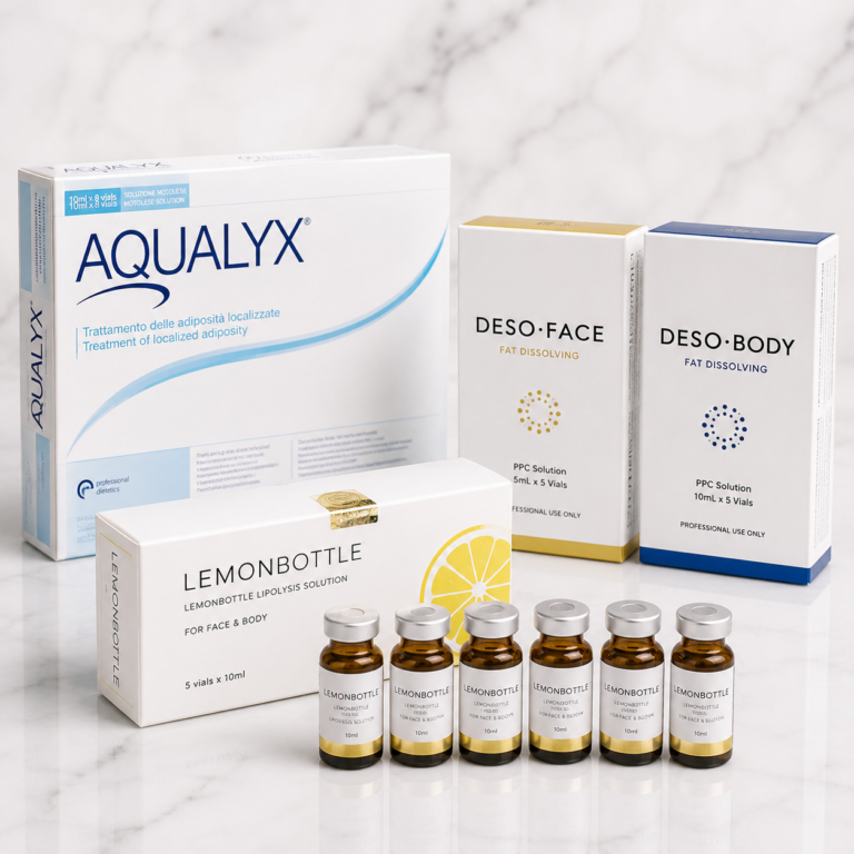 Fat dissolving category thumbnail showing Aqualyx, Deso Face, Deso Body and LemonBottle lipolysis products on a marble table