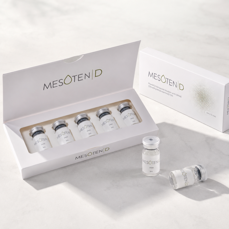 Mesoten D DMAE product packaging displayed in a clean minimalist aesthetic setting