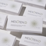 Mesoten D DMAE product boxes arranged in a minimalist skincare product layout