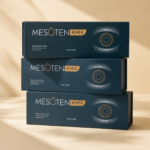 Stacked Mesoten Eyes product boxes on a beige background with clean premium packaging design.