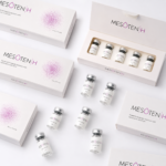 Flat lay of Mesoten H hyaluronic acid ampoules and white branded product boxes
