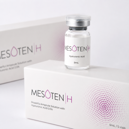 Close-up of Mesoten H hyaluronic acid 5ml vial on branded white packaging