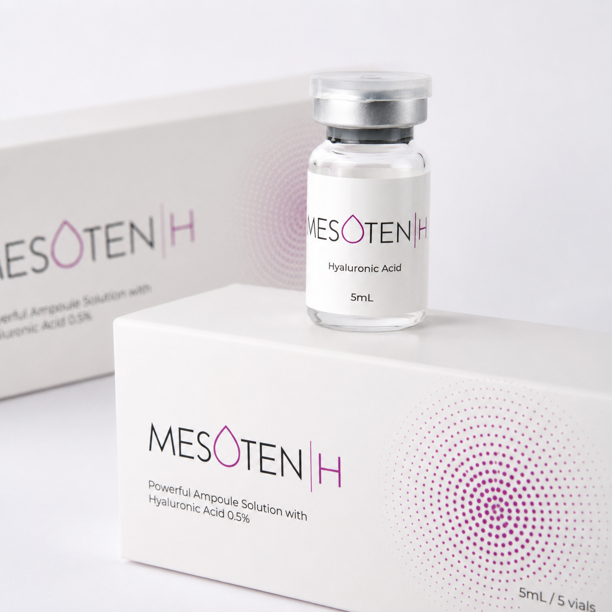 mesoten-h-single-vial-close-up Close-up of Mesoten H hyaluronic acid 5ml vial on branded white packaging