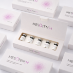 Mesoten H hyaluronic acid ampoules with white product boxes in a clean studio display