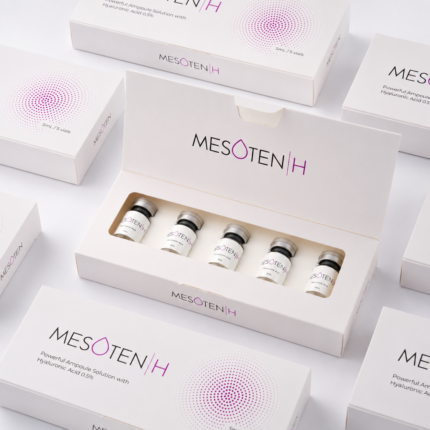 Mesoten H hyaluronic acid ampoules with white product boxes in a clean studio display