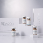 Revacoll collagen powder vials arranged on white studio pedestals