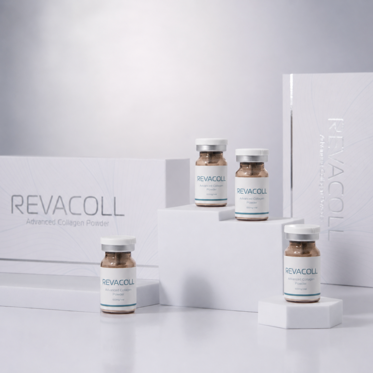 Revacoll collagen powder vials arranged on white studio pedestals