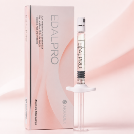 Edal Pro 2.5ml pre-filled syringe with Akradex product box on soft pink background