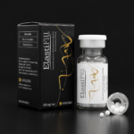 ElastiFill by AKRADEX box and vial with white pellets on a premium black studio background