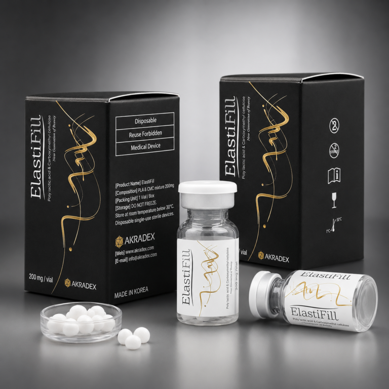 ElastiFill AKRADEX product range with black boxes, vials and white pellets in a studio setup