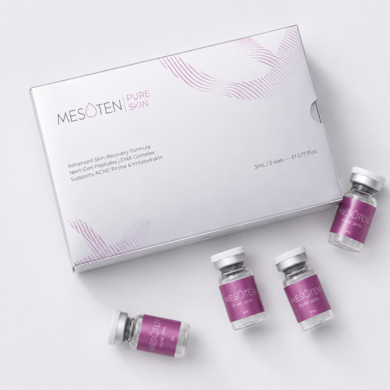 Flat lay of Mesoten Pure Skin box with multiple 3ml vials