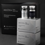 Mesoten Exo Peptide advanced exosome complex with vials and silver boxes on dark background