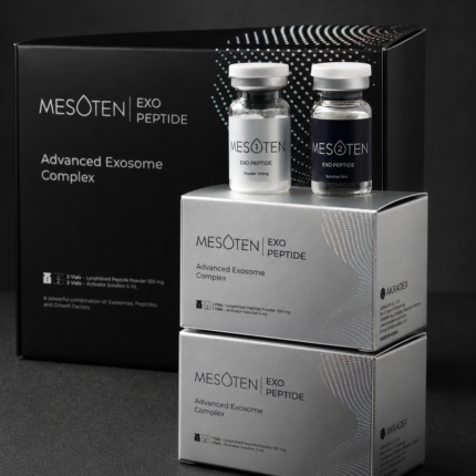 Mesoten Exo Peptide advanced exosome complex with vials and silver boxes on dark background