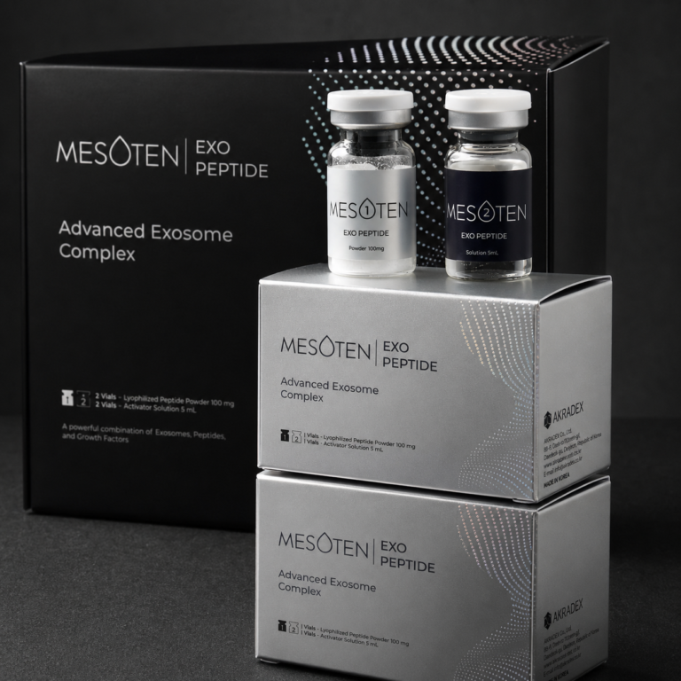Mesoten Exo Peptide advanced exosome complex with vials and silver boxes on dark background