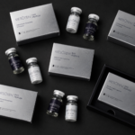 Flat lay of Mesoten Exo Peptide silver boxes with powder and solution vials