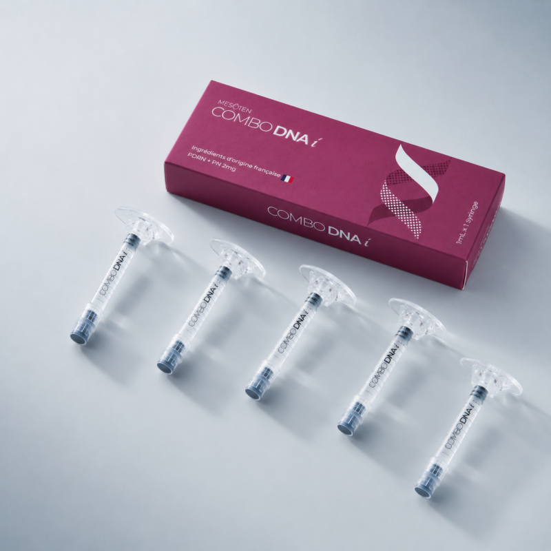 Mesoten Combo DNA i syringe and magenta product box on a soft pink product photography background