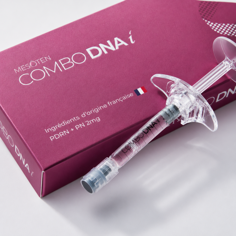 Close-up of Mesoten Combo DNA i packaging with clear syringe and PDRN PN 2mg product details