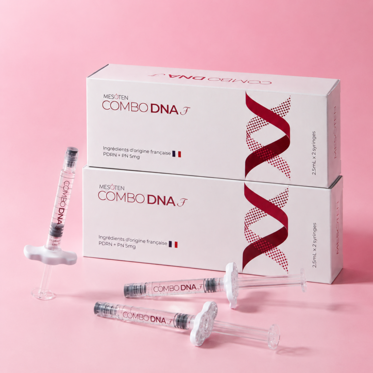 Mesoten Combo DNA F product boxes with clear pre-filled syringes in a premium studio arrangement