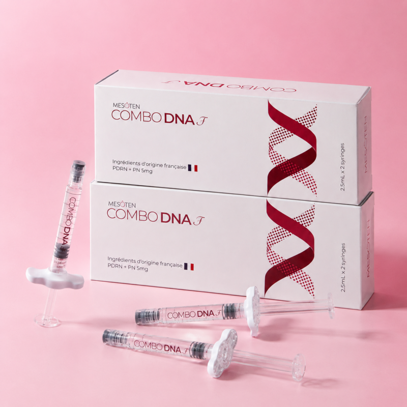 Mesoten Combo DNA F product boxes with clear pre-filled syringes in a premium studio arrangement