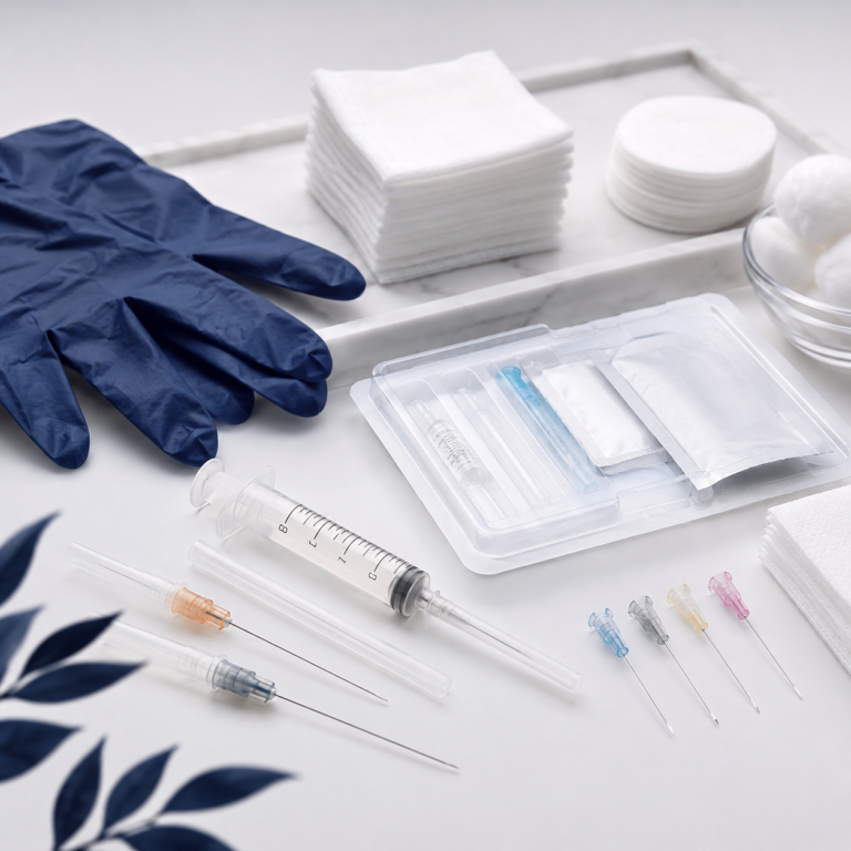 syringe, gloves, needles