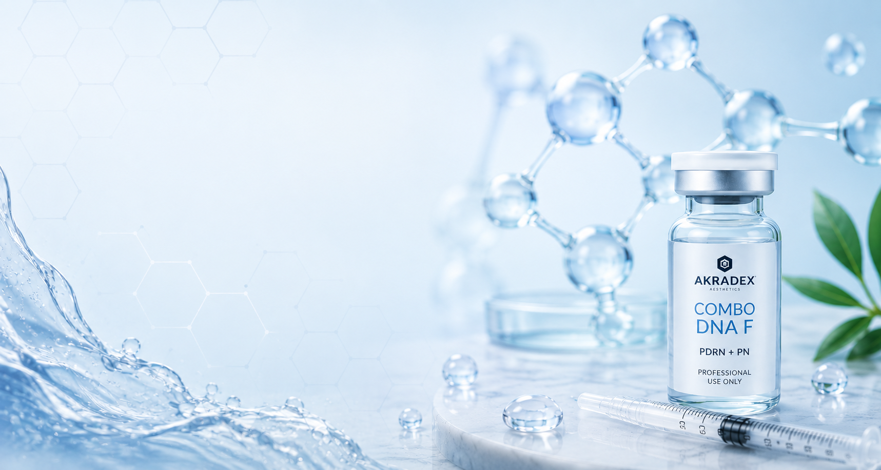 Pale blue clinical banner featuring Mesoten Combo DNA F, molecular structures and a professional syringe.