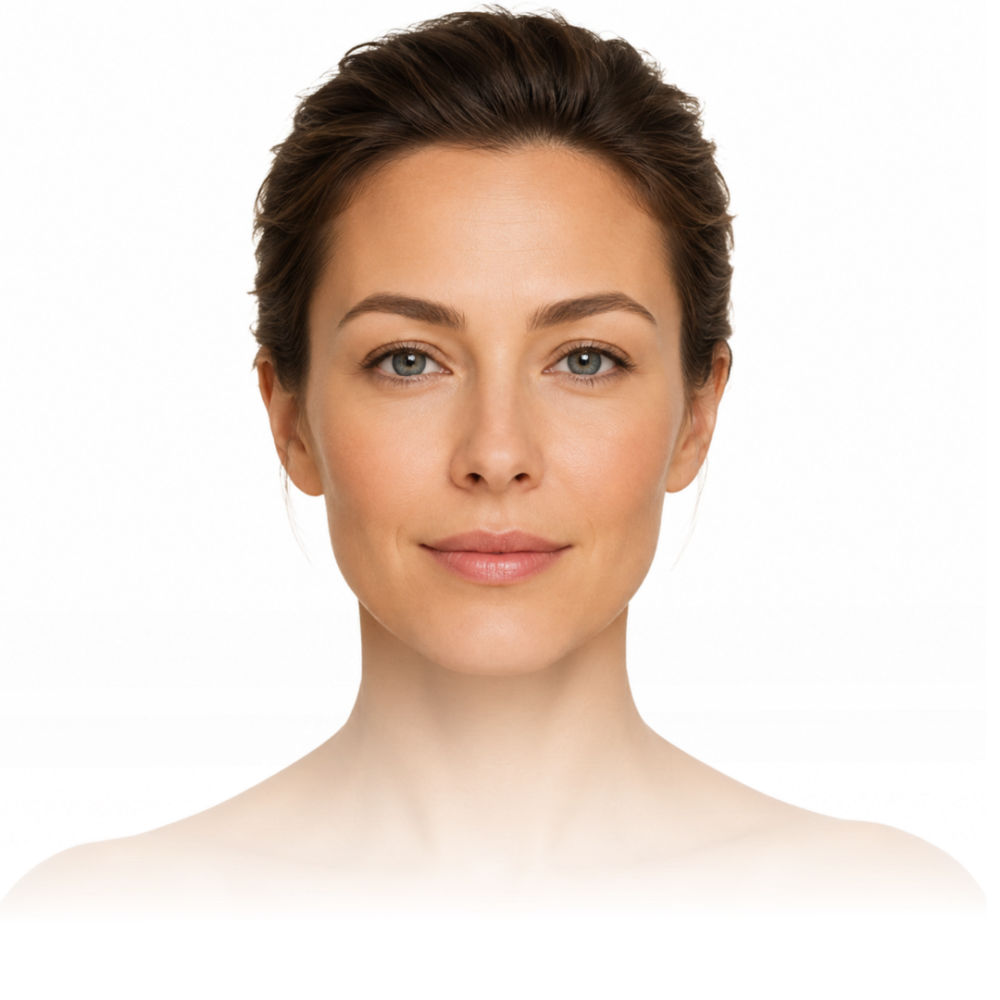 Female face showing facial treatment areas for the AKRADEX aesthetic product range
